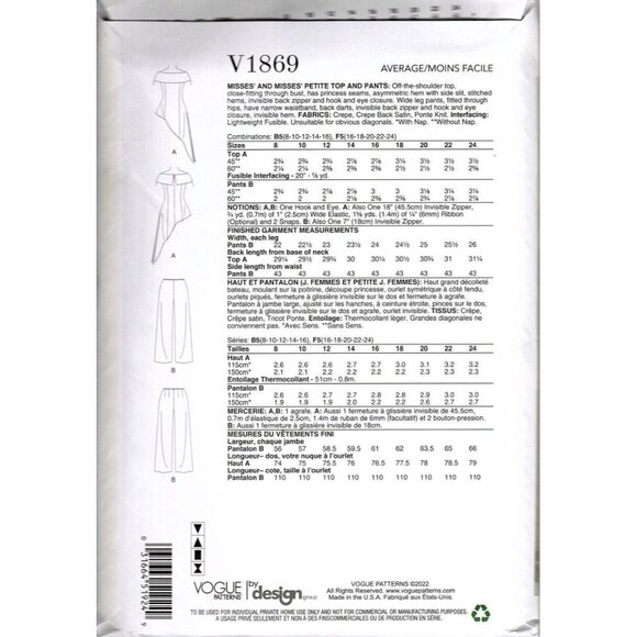 Vogue V1869 Misses 16 to 24 Tom and Linda Platt Top and Pants Sewing Pattern - Picture 2 of 2